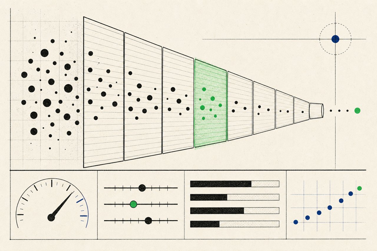 CRM pipeline stages rendered as a paper ledger with match scores and weight controls